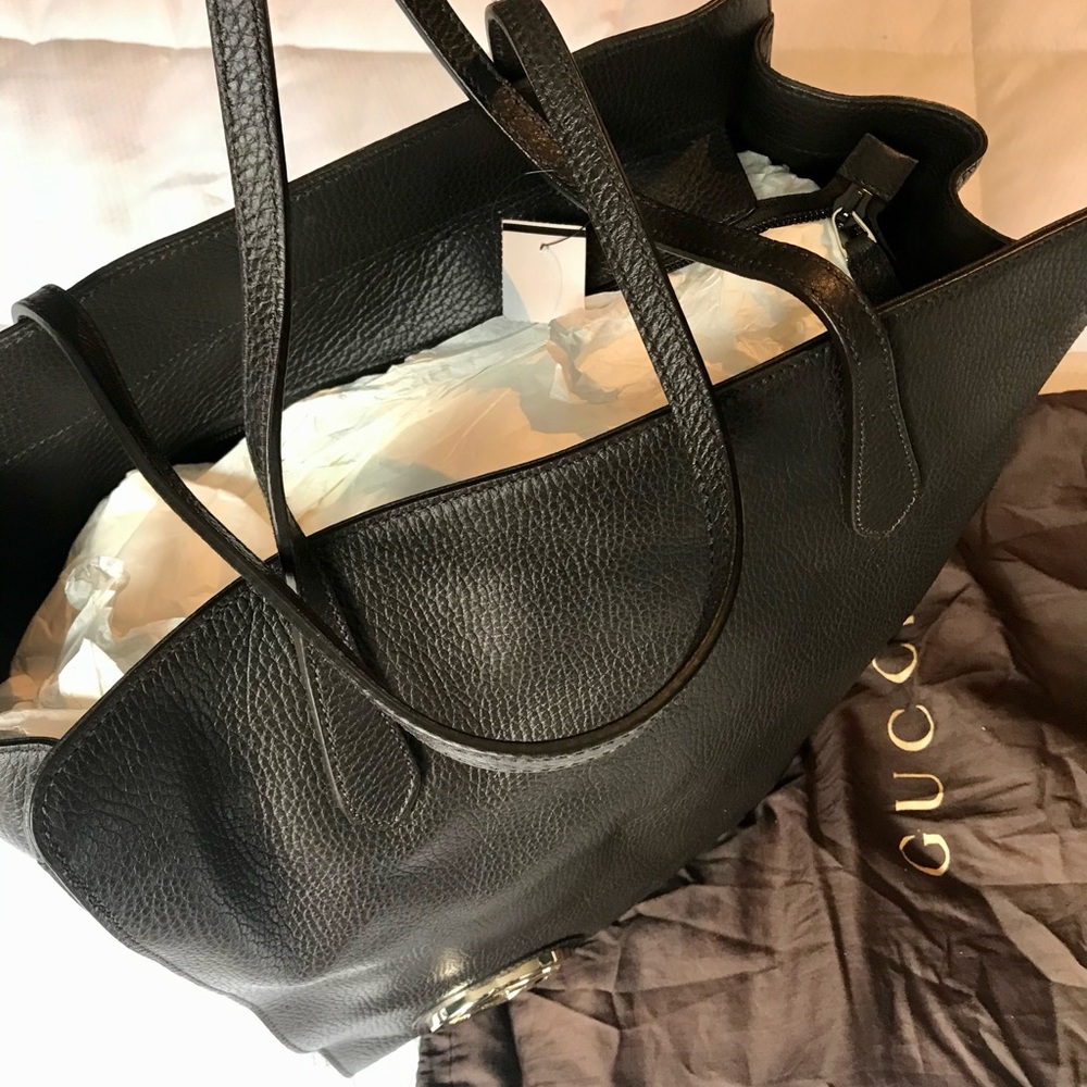 Gucci Brown Pebbled Leather Tote with Silver Emblem